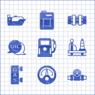 Petrol ya da benzin istasyonu, motor göstergesi, metal borular ve valf, denizde petrol platformu, gaz dolumu, kelime yağı ve tanker ikonu ayarlayın. Vektör