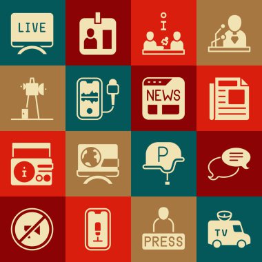 TV haber arabasını ayarla, konuşma balonu sohbeti, röportaj, mobil kayıt, anten, canlı yayın ve simge. Vektör