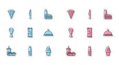 Saman ve sosisli sandviç, bir şişe su, dilimlenmiş pizza, dondurma külahı, soda kutusu, üstü kapalı tepsi yiyeceği, tavuk budu ve bıçak ikonu. Vektör