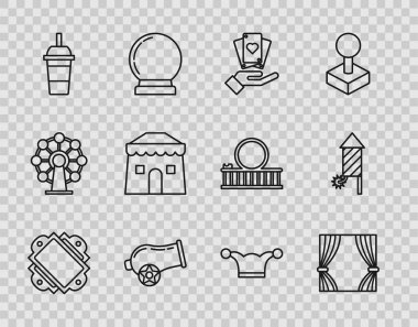 Bilet, perde, oyun kartları, gülle, saman suyu içilen kağıt bardak, sirk çadırı, Jester şapka çanları ve havai fişek roket ikonu. Vektör