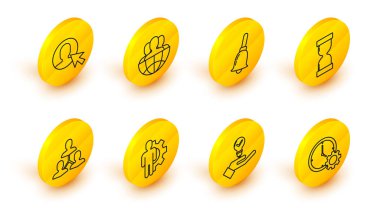 Hat çizgisi Zaman Yönetimi, elinde ampul, içinde ekipman olan insan, Proje ekibi üssü, Eski kum saati akışı, zil, Globe insanları ve iş kıyafeti ikonu kullanıcısı. Vektör