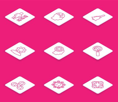 Takım elbiseli adam kullanıcısı, insan kafası bulmaca stratejisi, zil, ekipman, arama ekibi için büyüteç, proje ekibi tabanı ve simgesi. Vektör