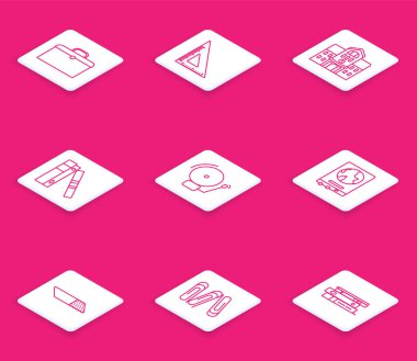 Evrak çantası, üçgen cetvel, okul binası, evraklı ofis dosyaları, alarm zili, okul tahtasındaki dünya haritası, silgi kauçuğu ve ataç simgesi. Vektör