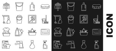 Deterjan likörlü temizlik spreyi şişesi, paspas ve kova, bulaşık yıkama için plastik şişeler, kova köpüğü, çöp kovası, elektrikli süpürge, kazıyıcı, kazıyıcı, silecek ikonu. Vektör