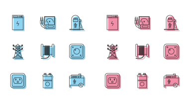 ABD 'de elektrik prizi, elektrik bankası, taşınabilir elektrik jeneratörü, makarada kablo kablosu, elektrik düğmesi, yüksek voltaj direği hattı ve Ampere metre, multimetre, voltmetre ikonu ayarlayın. Vektör