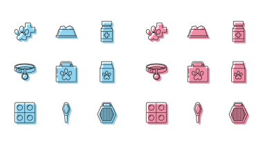 Köpek ve haplar, evcil hayvan şişesi, veteriner kliniği sembolü, çanta, ilk yardım çantası, evcil hayvan için yiyecek çantası, isim etiketli tasma ve bowling ikonu. Vektör