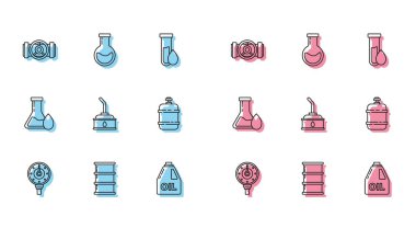 Motor benzin göstergesi, fıçı yağı, endüstriyel metalik borular ve valf, motor makinesi, propan tankı, petrol test tüpü ve test tüpü için tüp ayarlayın. Vektör