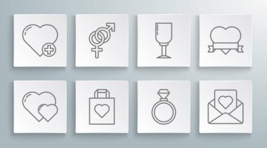 Kalp, cinsiyet, alışveriş torbası, alyans, zarf, şarap kadehi, kurdele ve ikon. Vektör