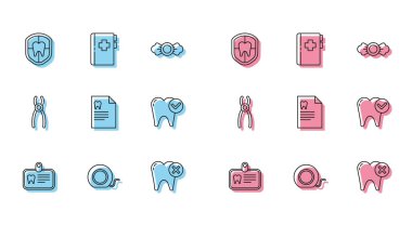 Diş ipi, diş ipi, diş ipi, diş bakımı, pano dişleri, beyazlatma konsepti, pense ve ikon içeren bir kimlik ayarla. Vektör