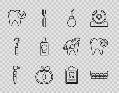 Diş matkabı, diş teli, armut, elma, beyazlatma konsepti, ağız gargarası plastik şişe, pano diş kartı ve ikon. Vektör