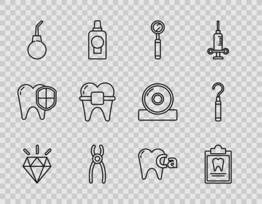 Elmas dişler, diş kartlı pano, diş kontrolü aynası, pense, armut, diş teli, diş teli kalsiyum ve kaşif pulu simgesi. Vektör