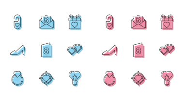 Nişan alyansları, nişan alma noktasının kalbi lütfen kalp, şekil ampulü, tebrik kartı 8 Mart, İki Bağlı Kalp, Kadın ayakkabısı ve zarf ikonu ile rahatsız etmeyin. Vektör