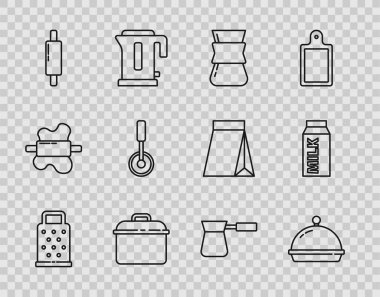 Grater hattı, tepsi dolusu yiyecek, Türk kahvesi, fırın, raptiye, pizza bıçağı ve süt ikonu için kağıt paketle kaplı. Vektör