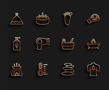 Aroma mumu, sauna termometresi, şapka, Stack sıcak taşları aroma yağlı masaj, saç kurutma makinesi ve kova kepçe ikonu. Vektör