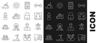 Yatak döşemesi, doping şırıngası yok, banyo terazisi, tıbbi pano, ambulans ve acil durum arabası, bir şişe su, meyve ve kadın belindeki ikon. Vektör