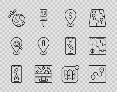 Hat şehir haritası navigasyonu, güzergah konumu, nakit para, işaretli monitör, gezegenin yörüngesindeki uydular, konum, şehir ve simge bilgileri. Vektör