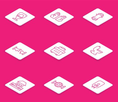 Hat çizgisi klozet, lastik eldiven, su filtresi, bozuk boru, alet çantası, tedarik boruları ve sanayi ve kapakçık ikonu. Vektör