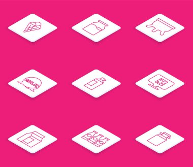 Dondurmayı waffle külahına, sütle şişeyi, memeyi, mektubu, çırpılmış şişeyi, peyniri, kağıt paketi ve simgeyi sıraya dizin. Vektör