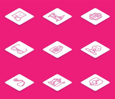 Set line Braille, Patient with broken leg, Smart watch, Blind glasses, Intercom, Head of deaf and dumb, Hearing aid and Elevator for disabled icon. Vector