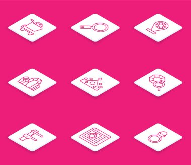 Online mücevher alışverişi, büyüteç, mağaza, mücevher taşı, kral tacı, Calliper kalibreli ve ölçek ve ikon. Vektör