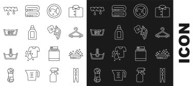 Hat broşu, havlu yığını, elbise askısı gardırop, çamaşır makinesi, temizlik malzemesi için şişe, vücut ısısı temizleme, sıkma giysileri ve elektrikli ütü ikonu. Vektör