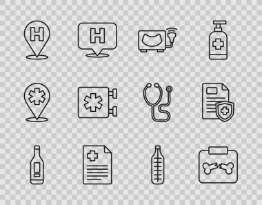 Hat dijital termometresi, kırık kemikli röntgen görüntüleri, ultrason, hasta kaydı, konum hastanesi, acil durum yıldızı, tıbbi ve ikon. Vektör