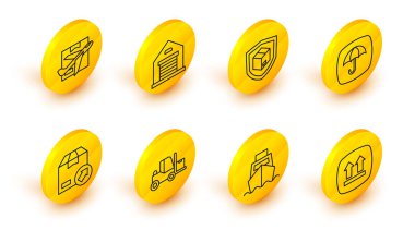 Hat hizaya getirin. Kutu teslimatlı kargo gemisi, forklift, karton karton, teslimat paketi şemsiyesi, güvenlik kalkanı, Depo ve uçak ve ikon. Vektör