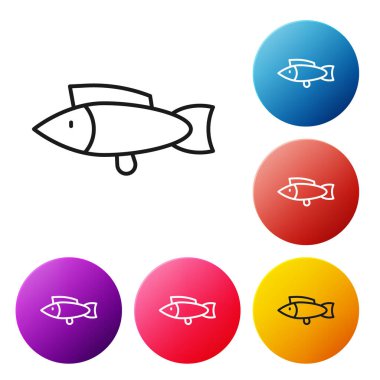Siyah çizgi Balık simgesi beyaz arkaplanda izole edildi. Renkli daire düğmelerini ayarlayın. Vektör.