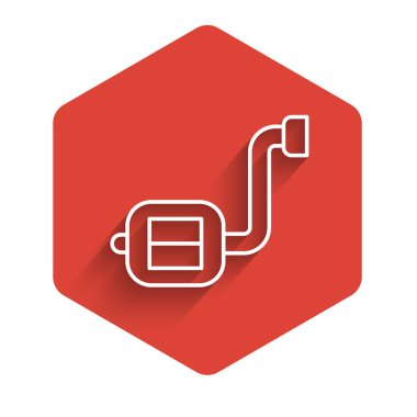 Beyaz çizgi bisiklet pedalı simgesi uzun gölgeli izole edilmiş. Kırmızı altıgen düğmesi. Vektör.