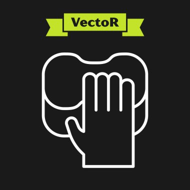 Beyaz çizgi temizlik servisi simgesi siyah arkaplanda izole edildi. Lateks el koruması işareti. Ev işi temizlik ekipmanları sembolü. Vektör.