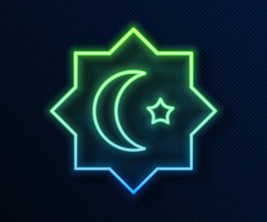 Parlayan neon çizgisi İslami sekizgen yıldız süslemesi ikonu mavi arka planda izole edildi. Vektör