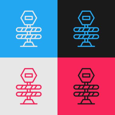 Pop Art Line Road bariyer simgesi renk arkaplanında izole edildi. İnşaat sürecinde olan yasak bölgenin sembolü. Onarım işe yarıyor. Vektör