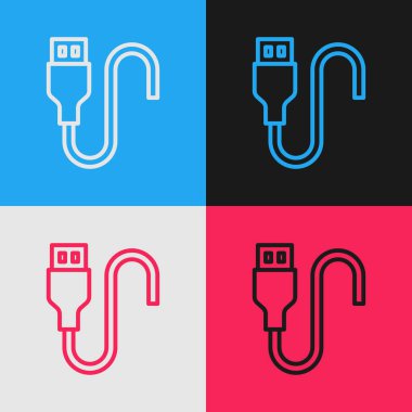 Pop sanat eseri USB kablo ikonu renk arkaplanında izole edildi. PC ve mobil cihazlar için bağlantı ve soketler. Vektör