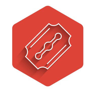 Beyaz çizgi Blade jilet ikonu uzun gölge arkaplan izole. Kırmızı altıgen düğmesi. Vektör