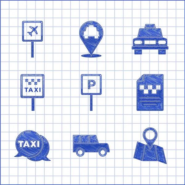 Set Estacionamento Carro Mapa Dobrado Com Localização Carta Motorista Táxi —  Vetores de Stock