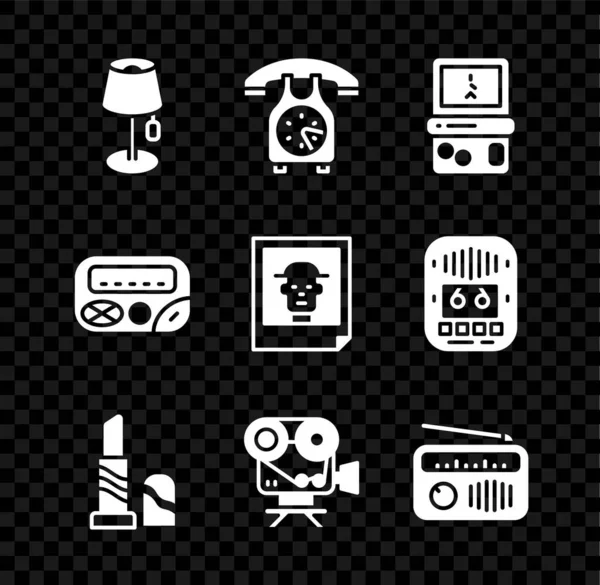 Set Lámpara Pie Teléfono Tetris Lápiz Labial Cámara Cine Retro — Vector de stock