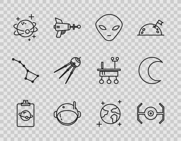 Set Line Planet Kozmikus Hajó Alien Asztronauta Sisak Műholdas Föld — Stock Vector