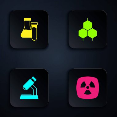 Radyoaktif, test tüpü, mikroskop ve kimyasal formülü ayarla. Siyah kare düğme. Vektör