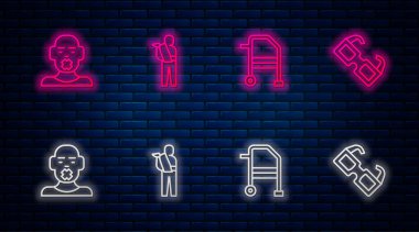 Set line Human broken arm, Walker, Head of deaf and dumb and Eyeglasses. Glowing neon icon on brick wall. Vector