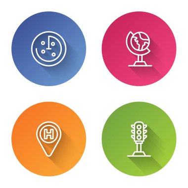 Radar hattını monitörde hedeflerle, Dünya küresi, helikopter iniş pisti ve trafik ışığıyla ayarlayın. Renkli daire düğmesi. Vektör