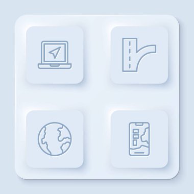 Dizüstü bilgisayarı konum işaretleyicisi, trafik işareti, Dünya küresi ve şehir haritası navigasyonu ile ayarla. Beyaz kare düğme. Vektör