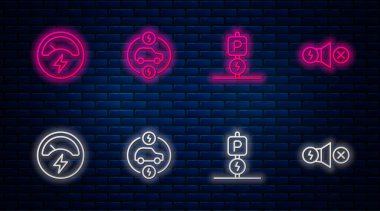 Hattı kurun, elektrikli araba, park elektriği, voltmetre ve motor şarj ediliyor. Tuğla duvarda parlayan neon simgesi. Vektör
