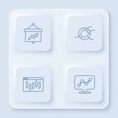 Çizgi tahtasını grafik, pasta grafiği bilgisi, tarayıcı hisse senedi pazarı ve grafiği ile ayarla. Beyaz kare düğme. Vektör