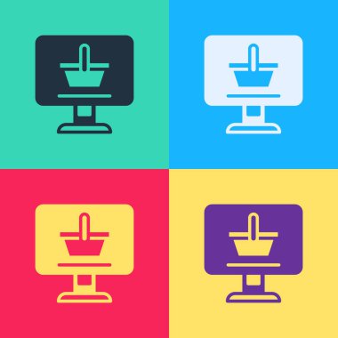 Ekran bilgisayarındaki pop sanat alışveriş arabası renk arkaplanında izole edilmiş. Konsept e-ticaret, e-ticaret, online iş pazarlama. Vektör