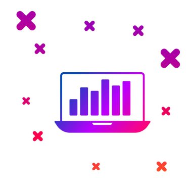 Grafik çizelgesi simgesi beyaz arkaplanda izole edilmiş renkli dizüstü bilgisayar. Metin dosya simgesini rapor et. Muhasebe tabelası. Denetim, analiz, planlama. Kademeli rastgele dinamik şekiller. Vektör