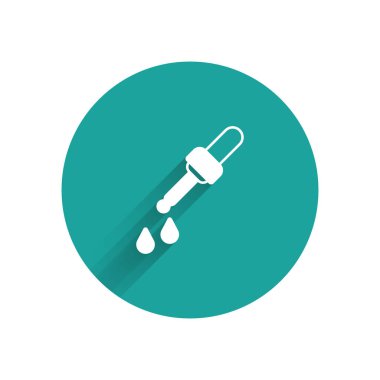 Beyaz Pipette simgesi uzun gölge arkaplan izole. Tıbbi elementler, kimya laboratuarı ekipmanları. Tıp sembolü. Yeşil daire düğmesi. Vektör