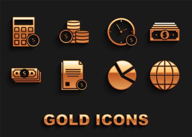 Finans belgesini ayarla, yığınla kağıt para, dünya küresi, grafik bilgisi, zaman, dolar sembollü hesap makinesi ve sikke simgesi. Vektör