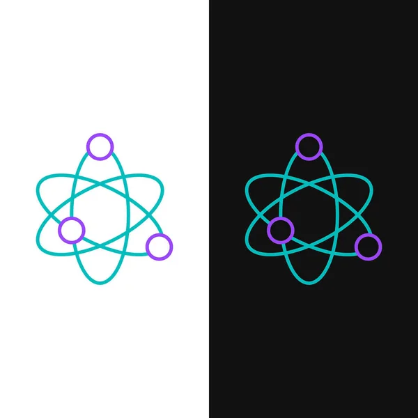 Icono del átomo de línea aislado sobre fondo blanco y negro. Símbolo de ciencia, educación, física nuclear, investigación científica. Concepto de esquema colorido. Vector — Vector de stock