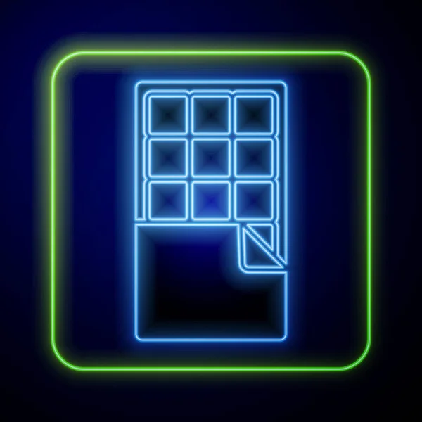 Gloeiende neon Chocolade bar pictogram geïsoleerd op blauwe achtergrond. Vector — Stockvector