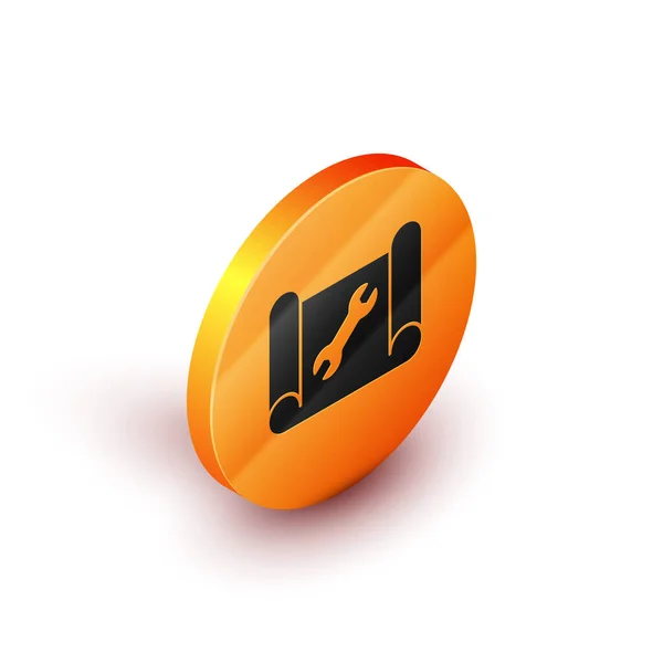 Isometriskt Graphing papper för ingenjörskonst och skiftnyckel ikon isolerad på vit bakgrund. Orange cirkelknapp. Vektor — Stock vektor